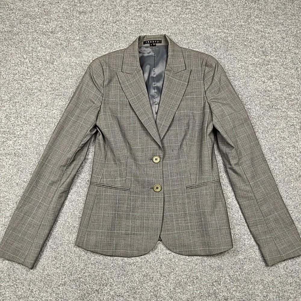 Theory Blazer‎ Womens 2 Gray Wool Plaid Two Button Lined Jacket Workwear